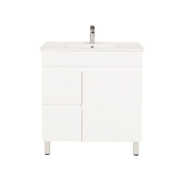 750*450*710mm Freestangding Gloss White PVC Vanity Left Drawer With Ceramic Top