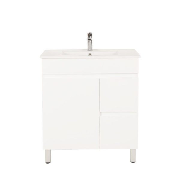 750*450*710mm Freestangding Gloss White PVC Vanity Right Drawer With Ceramic Top