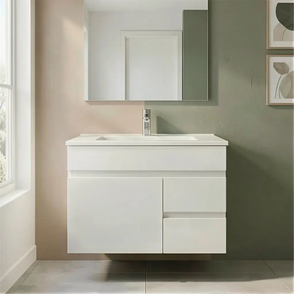 [91075/M73WR] 750Lx500Hx350Dmm Gloss White 2PAC MDF 2R/DW 1L/DR Wall Hung Vanity