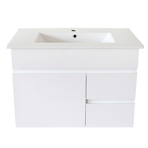 [91075/M73WR] 750Lx500Hx350Dmm Gloss White 2PAC MDF 2R/DW 1L/DR Wall Hung Vanity