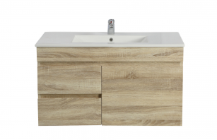 [93157/B73LW-WO] 750Lx500Hx350Dmm White Oak MDF Board with PVC Vacuum Filmed 2L/DW 1R/DR Wall Hung Vanity