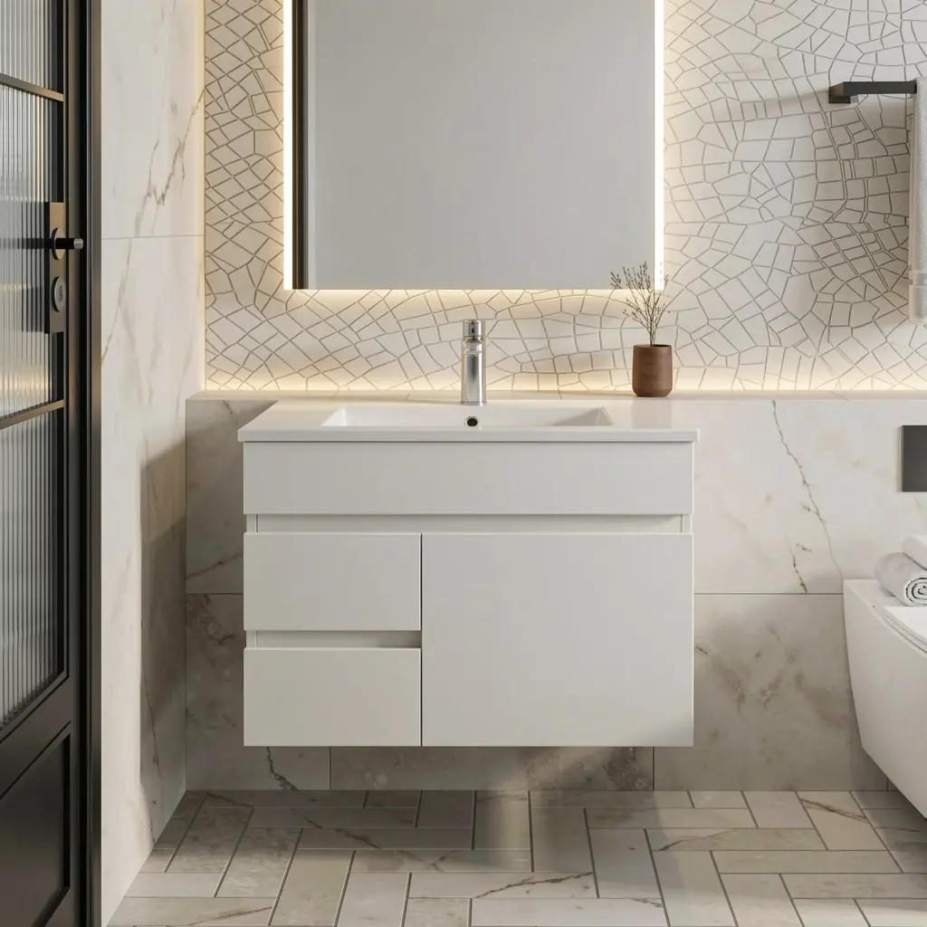 750Lx500Hx450Dmm Gloss White 2PAC MDF 2L/DW 1R/DR Wall Hung Vanity