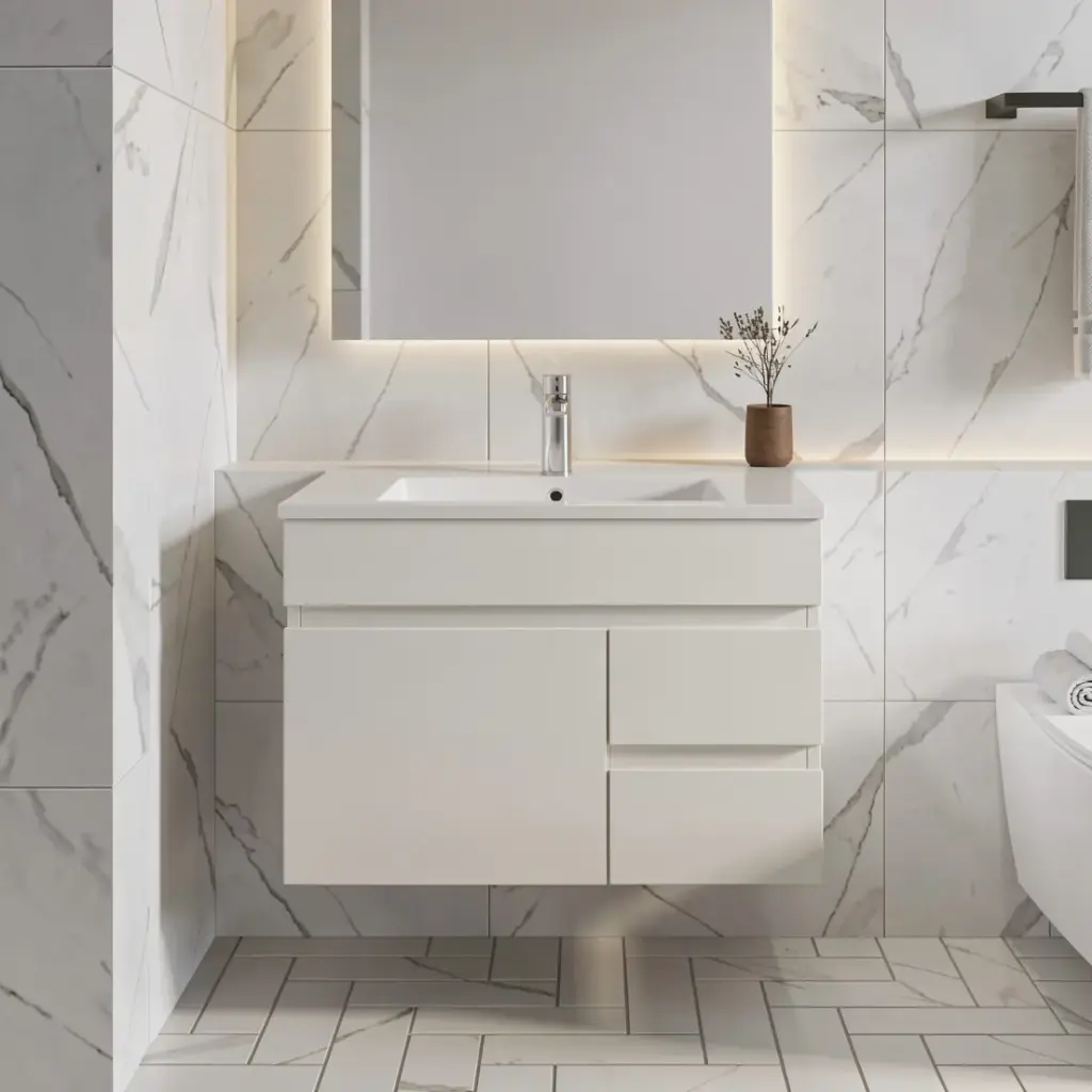 750Lx500Hx450Dmm Gloss White 2PAC MDF 2R/DW 1L/DR Wall Hung Vanity