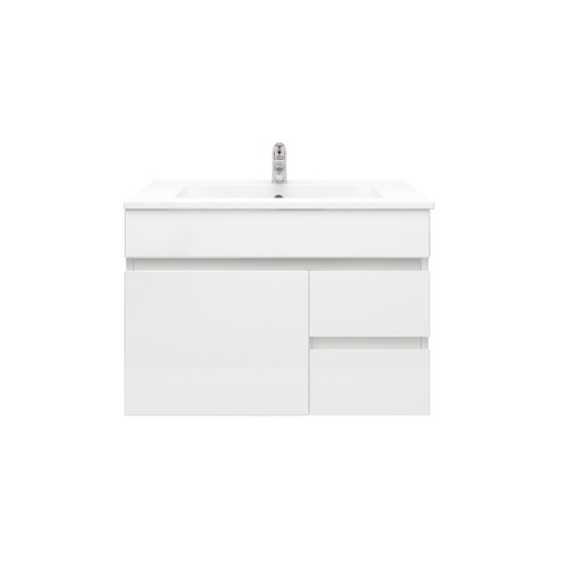 [91014/M74WR] 750Lx500Hx450Dmm Gloss White 2PAC MDF 2R/DW 1L/DR Wall Hung Vanity