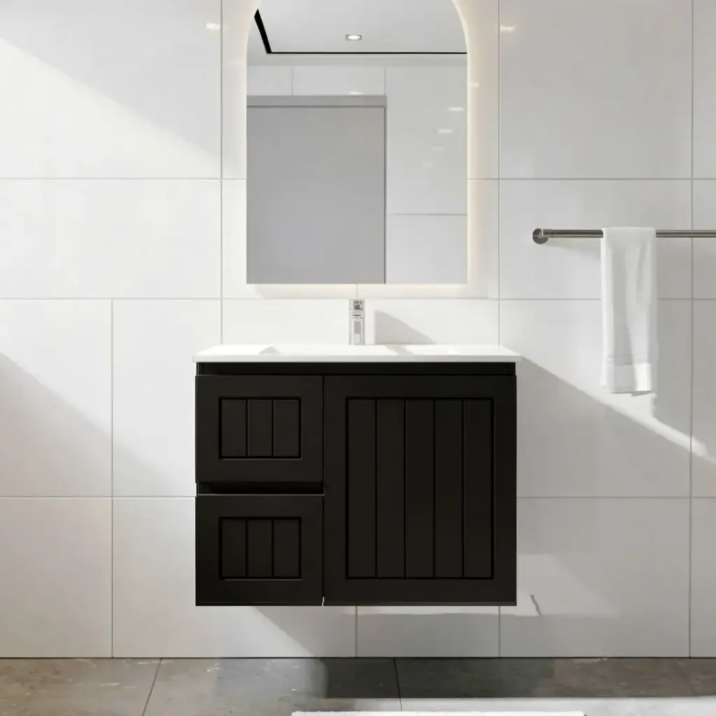 [91091/AM74WL-MB] 750Lx550Hx460Dmm Amber Matte Black 2PAC MDF 2L/DW 1R/DR Wall Hung Vanity