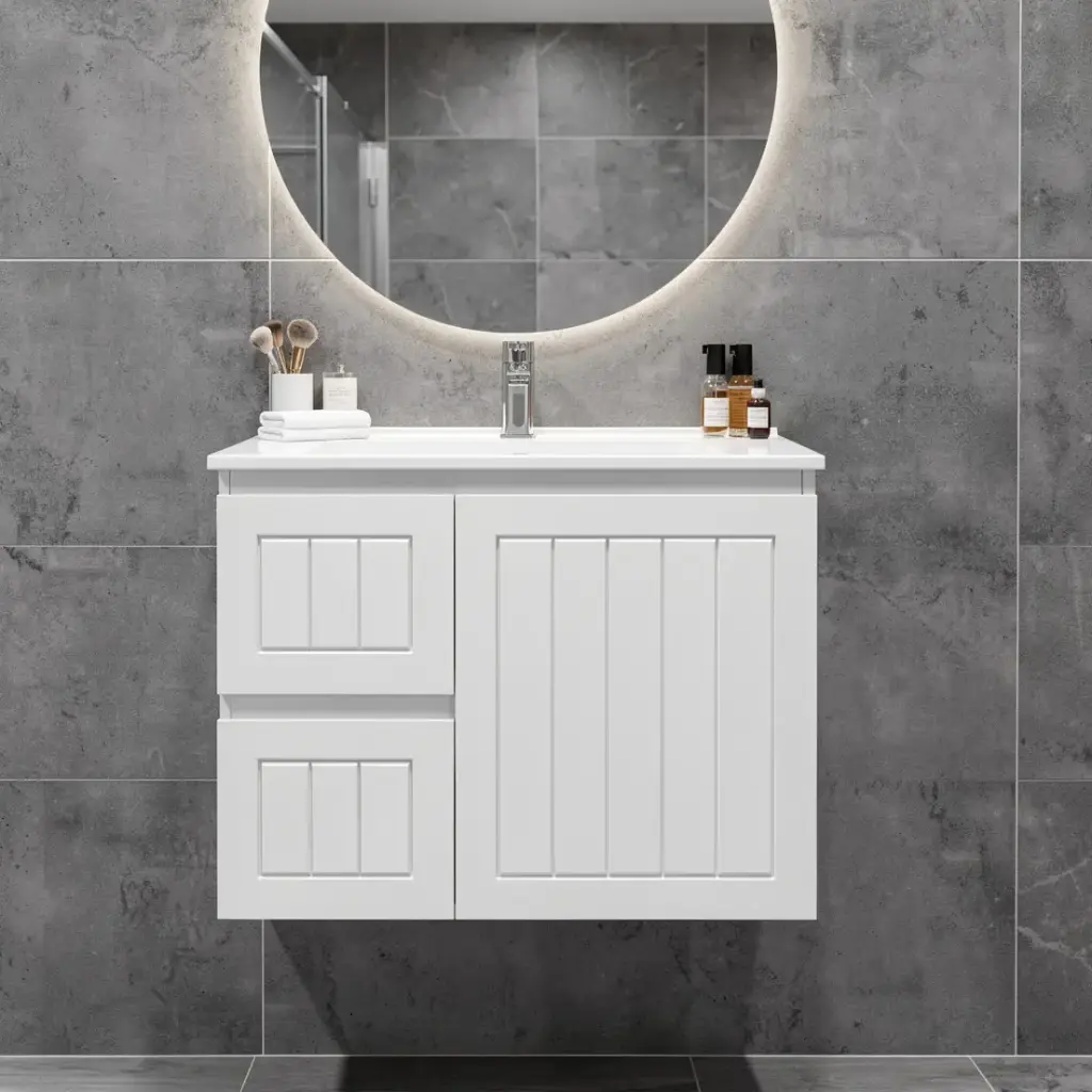 [91086/AM74WL-MW] 750Lx550Hx460Dmm Amber Matte White 2PAC MDF 2L/DW 1R/DR Wall Hung Vanity