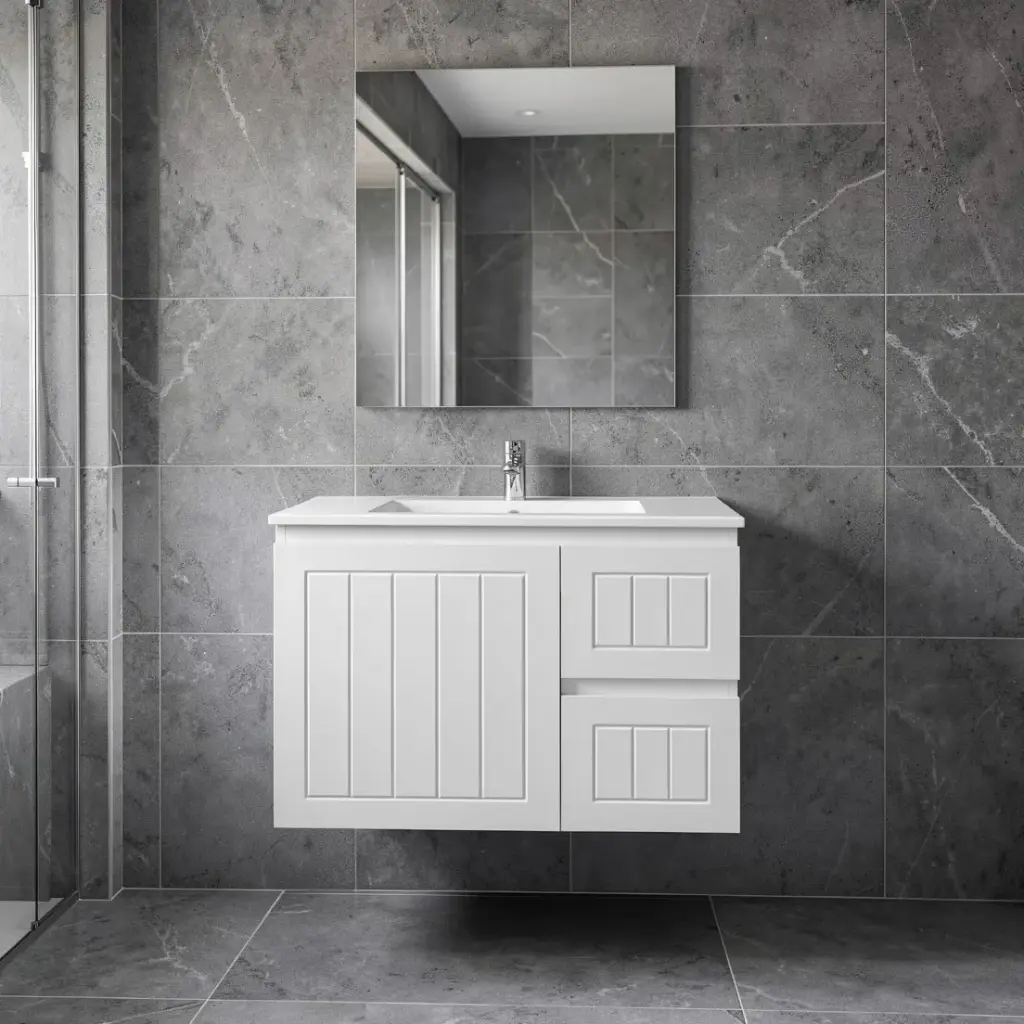 [91087/AM74WR-MW] 750Lx550Hx460Dmm Amber Matte White 2PAC MDF 2R/DW 1L/DR Wall Hung Vanity