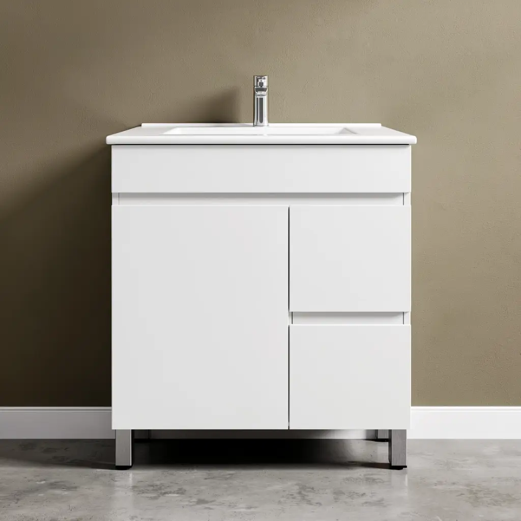 750Lx830Hx350Dmm Gloss White 2PAC MDF 2R/DW 1L/DR Freestanding Vanity