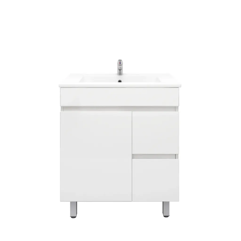 750Lx830Hx350Dmm Gloss White 2PAC PVC 2R/DW 1L/DR Freestanding Vanity