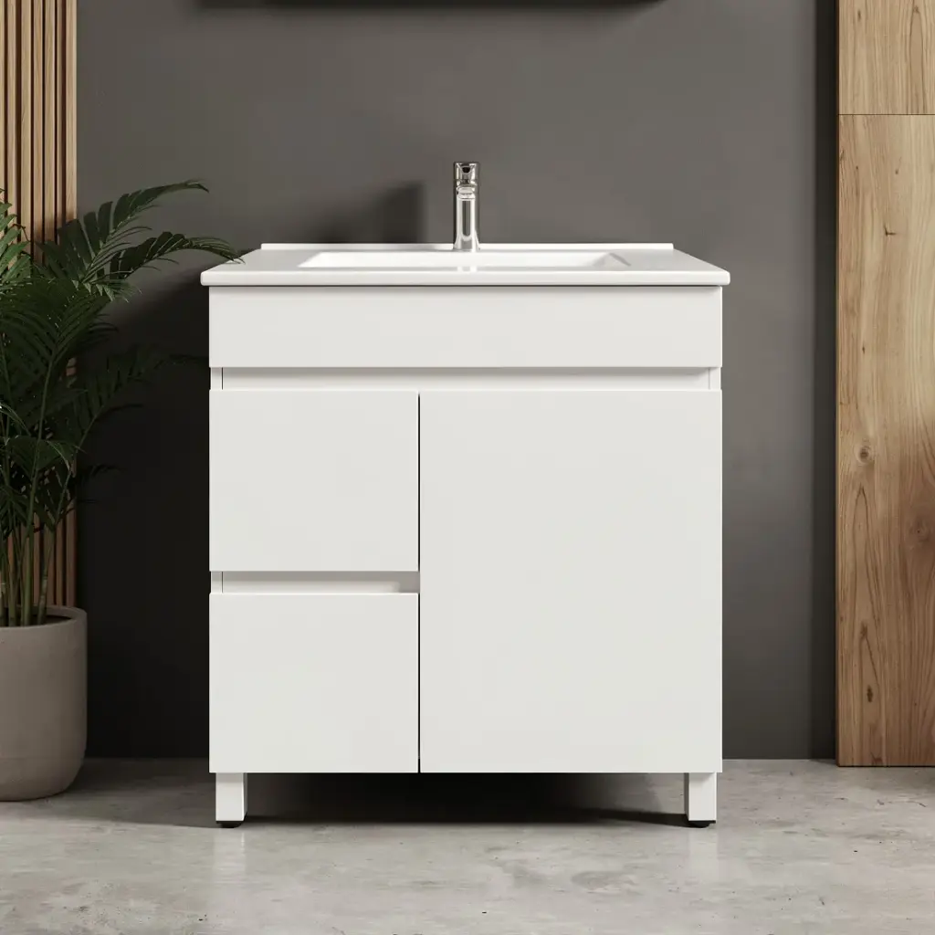 [91010/M74LL] 750Lx830Hx450Dmm Gloss White 2PAC MDF 2L/DW 1R/DR Freestanding Vanity