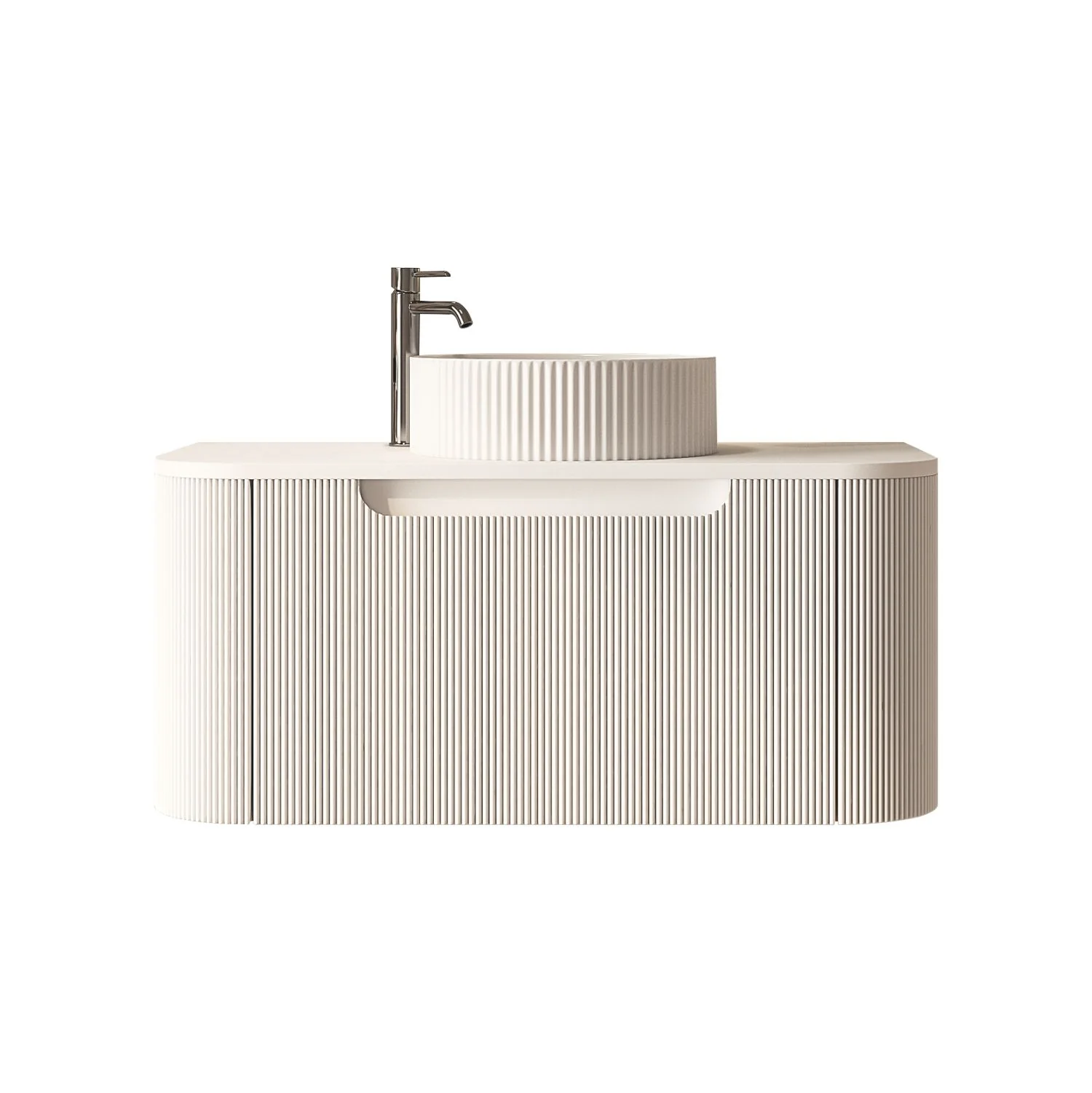 750x460x400mm Rome Matt White Round Edge Grooved Wall Hung MDF Vanity With White Quartz Stone Top One Soft Closing Drawer