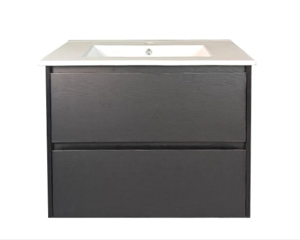 750x460x560mm Hera Black Oak Wall Hung MDF Vanity With Luna White Stone Top Two Soft Closing Drawers