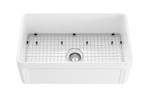 758*453*254mm Gross White Kensington Fireclay Farmhouse Sink Bottom Grid & Chrome Basket Waste (FCSW) Included