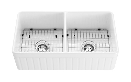 828*457*255mm Gross White Greenwich Fireclay Farmhouse Double Sink Bottom Grid & Chrome Basket Waste (FCSW) Included