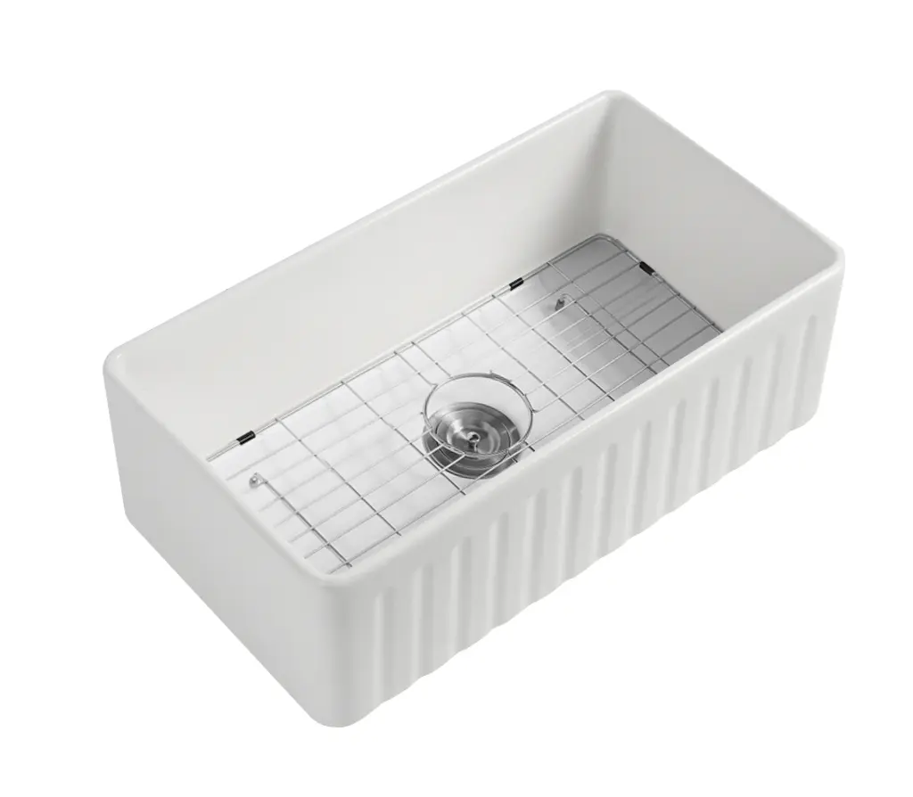 835x459x254mm Gloss White Fireclay Farmhouse/Apron Single Sink with Bottom Grid & Basket Waste Included