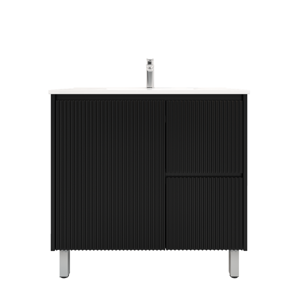 900mm Brio Freestanding Bathroom Vanity Cabinet with Legs PVC Right Drawer Fluted Matte Black