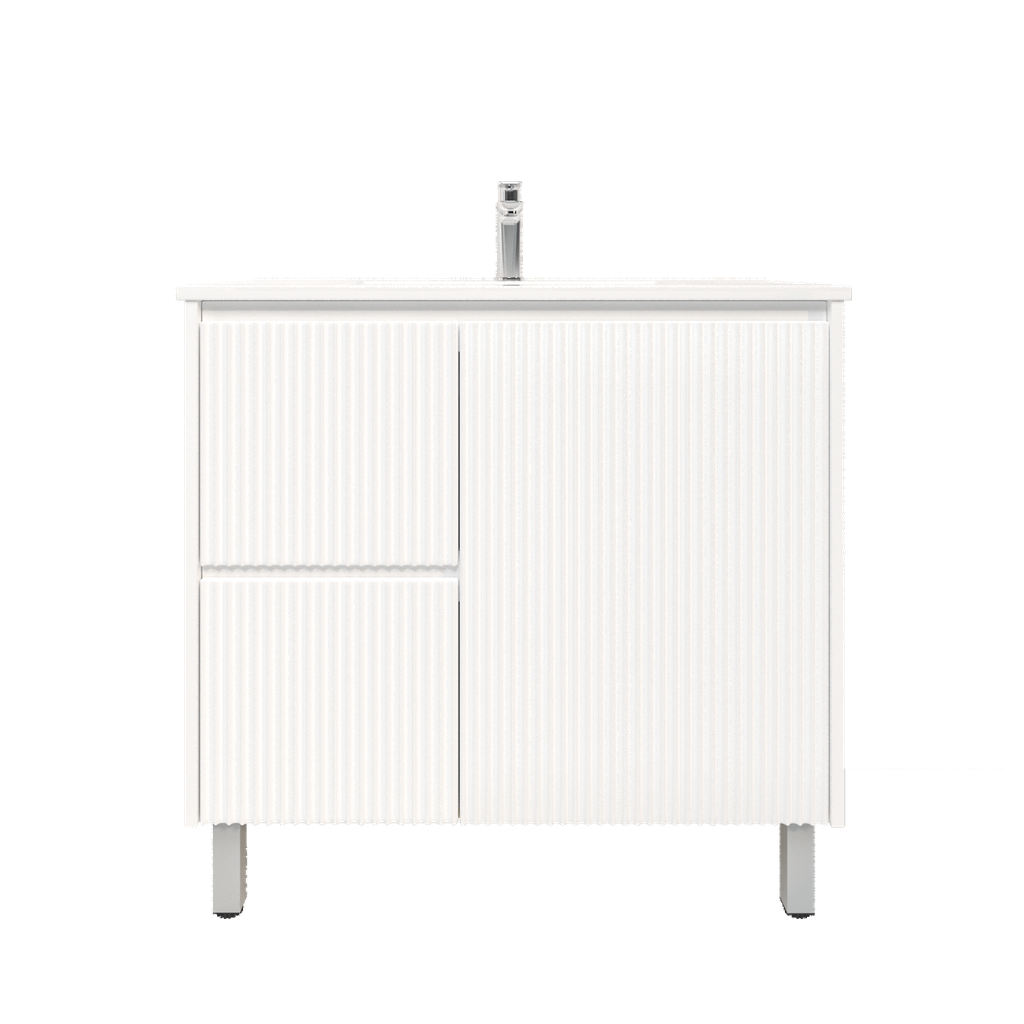 900mm Brio Freestanding Bathroom Vanity Cabinet with Legs PVC Left Drawer Fluted Matte White