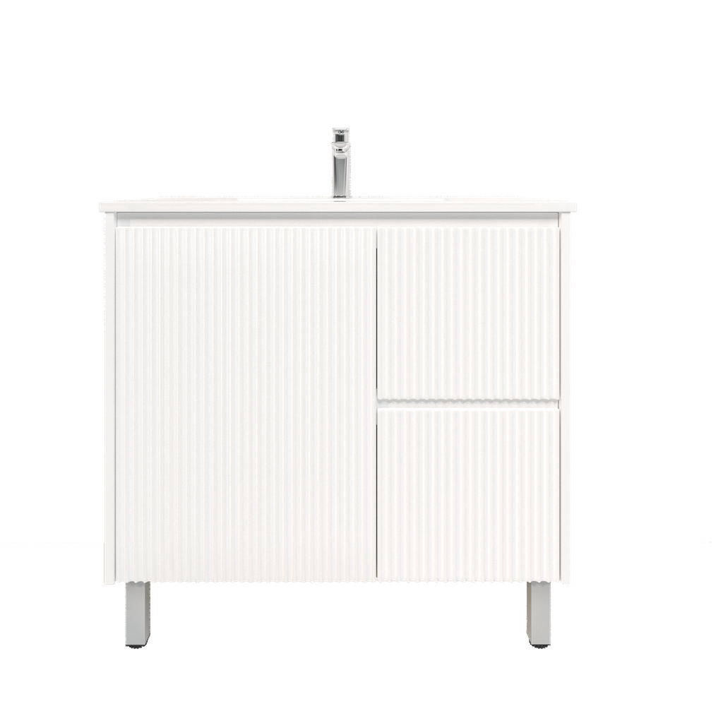 900mm Brio Freestanding Bathroom Vanity Cabinet with Legs PVC Right Drawer Fluted Matte White