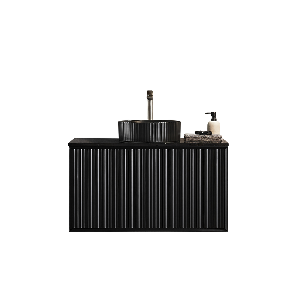[56670] 890X455X480mm Matte Black Kliff Modern Fluted Wall Hung Vanity PVC Cabinet
