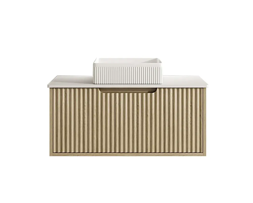 890x455x390 Natural Oak Premium Straight Edge Wall Hung vanity With Carrara Stone Top