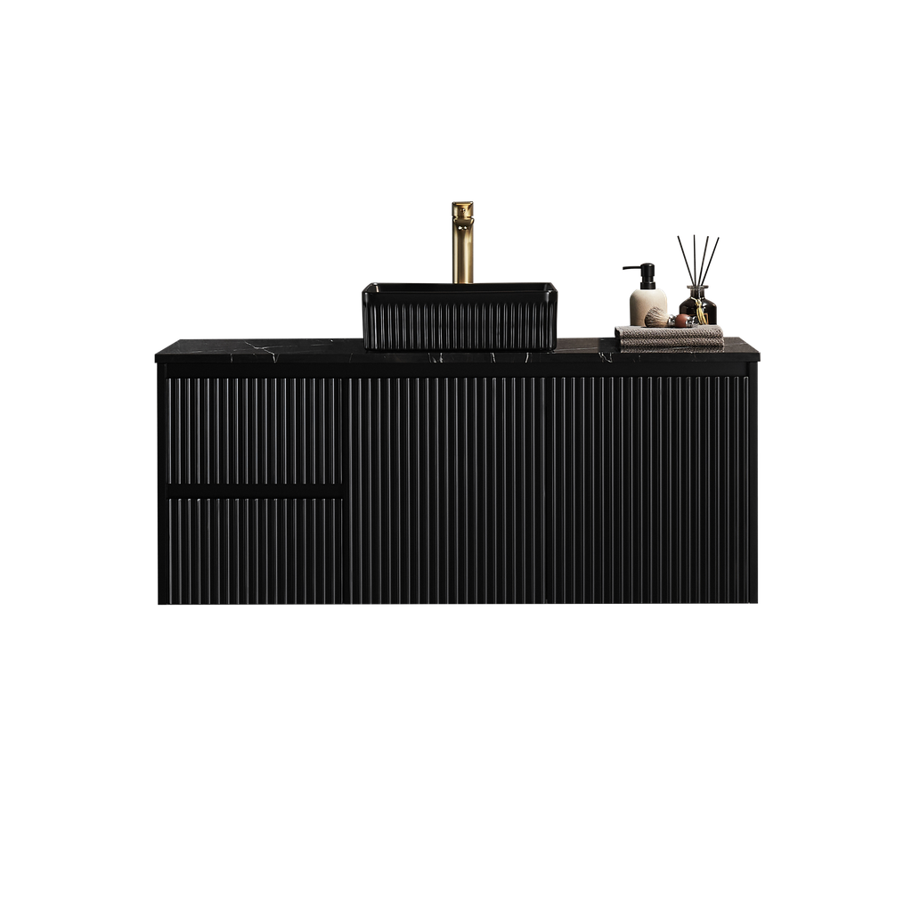 890x455x480mm Matte Black Crete Modern Fluted Wall Hung Vanity PVC Cabinet,Left Hand Drawers