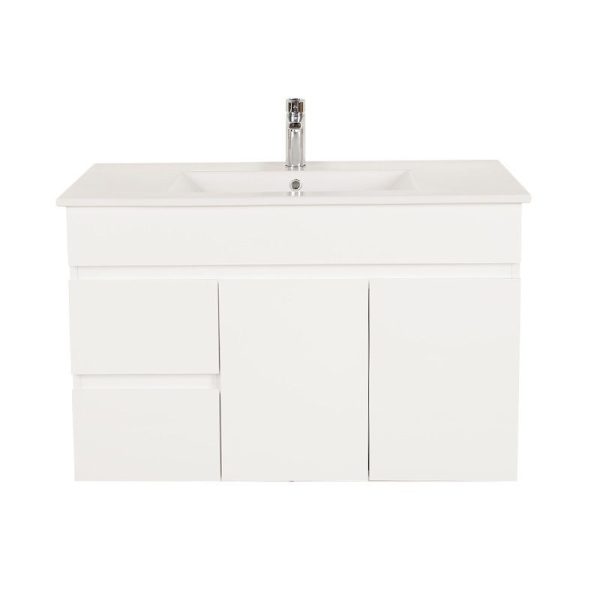 900*450*560mm Wall Hung Gloss White PVC Vanity Left Drawer With Ceramic Top