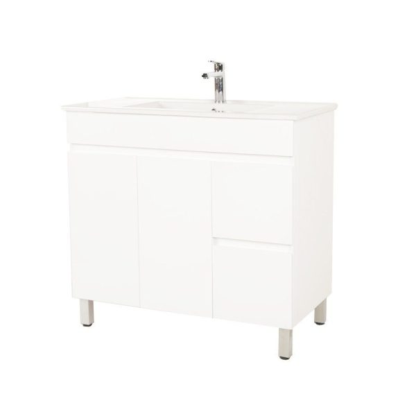 [50525] 900*450*710mm Freestangding Gloss White PVC Vanity Right Drawer With Ceramic Top