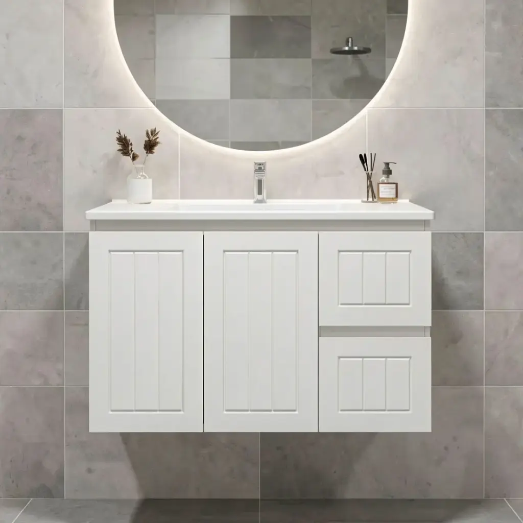 [91089/AM94WR-MW] 900Lx550Hx460Dmm Amber Matte White 2PAC MDF 2R/DW 2L/DR Wall Hung Vanity