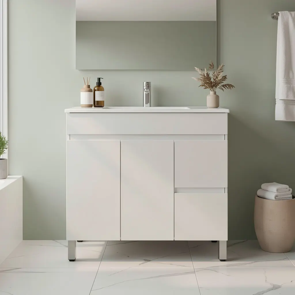 [91017/M93LR] 900Lx830Hx350Dmm Gloss White 2PAC MDF 2R/DW 2L/DR Freestanding Vanity