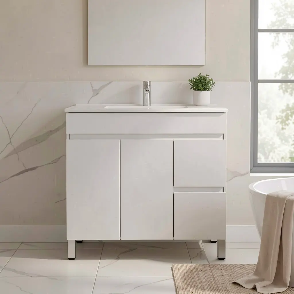 [91019/M94LR] 900Lx830Hx450Dmm Gloss White 2PAC MDF 2R/DW 2L/DR Freestanding Vanity