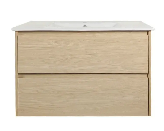 900x460x560mm Hera Tas Oak Wall Hung MDF Vanity With Carrara White Stone Top Two Soft Closing Drawers