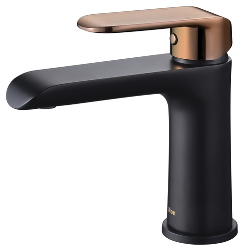 [43294] Kara Matt Black Basin Mixer With Rose Gold Handle Lead Free