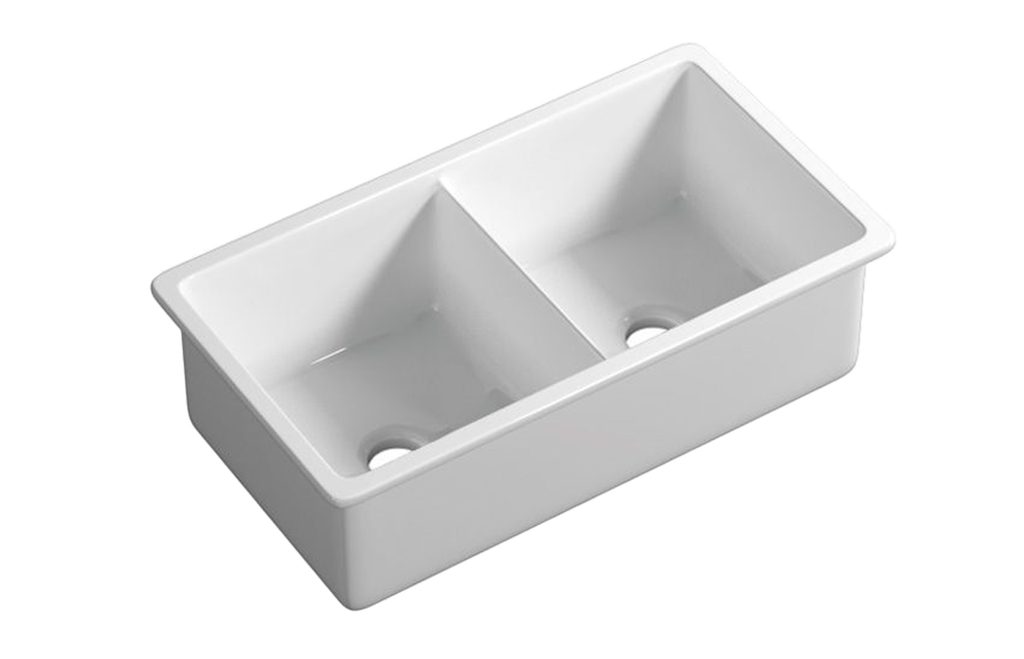 Size:813*483*254mm Gloss White Procida Fine Fireclay Inset/Undermount Sink Double Bowl,Grid And Waste Included
