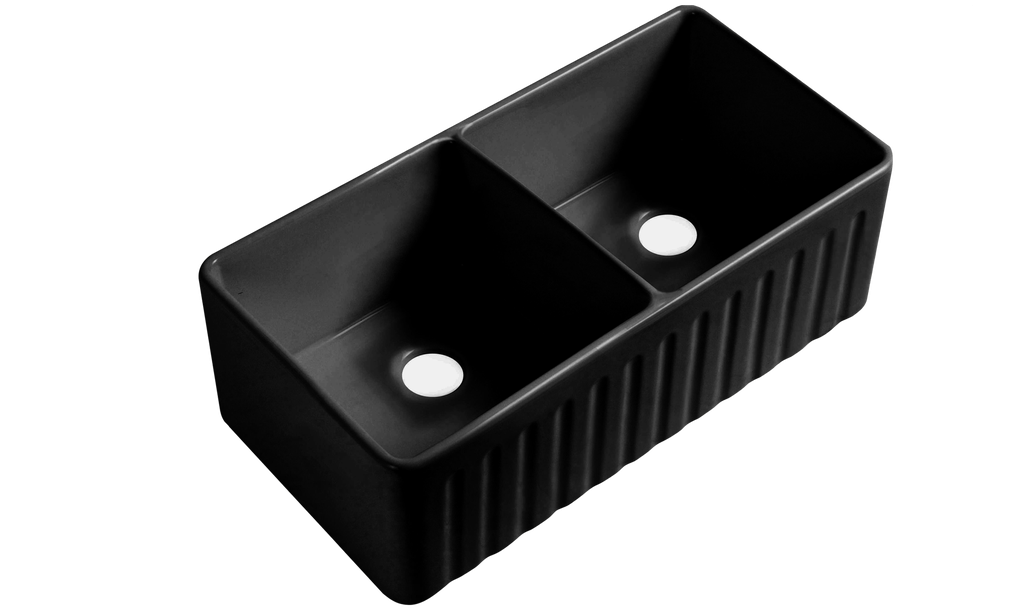Size:835*459*254mm Bowl Size:390*423*232mm*2 Matte Black Rocca Fine Fireclay Farm House Buttler Sink Double Bowl
